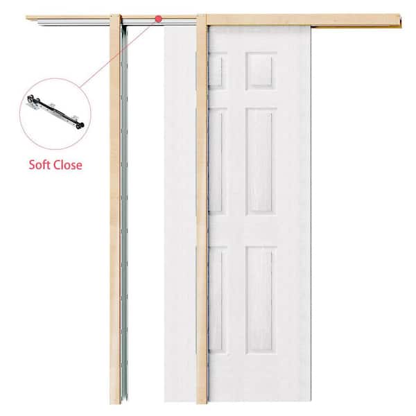 30 in. x 80 in. White Primed Hollow Wood 6 Panel MDF Textured Sliding Pocket Door with Soft Close, Frame and Hardware