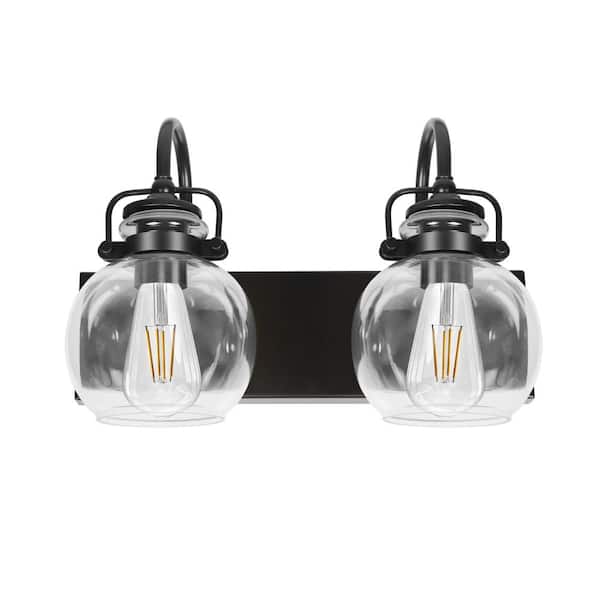 BICIK 15.5 in. 2-Light Classic Black Bathroom Vanity Lights with Clear Glass Shades
