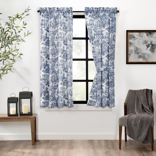Victoria Park Blue Cotton Toile Rod Pocket Room Darkening Curtain - 34 in. W x 84 in. L (Set of 2)