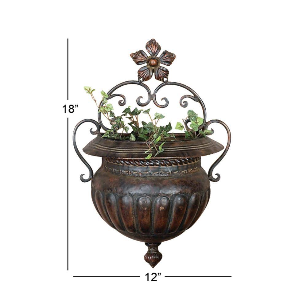 18-Inch Bronze Iron Scroll Wall Planter with Floral Finial