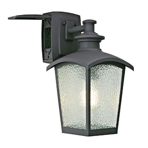 1-Light Graphite Gray Outdoor Coach Light Sconce with Seeded Glass and Built-In GFCI Outlets
