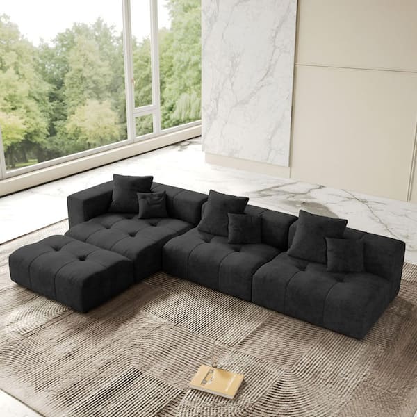 Magic Home 159 in. Oversized Square Arm Linen L-Shaped Modular Sectional Sofa 3-Seater with Ottoman in Black