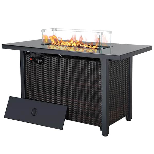 Sudzendf 43 in. Rattan Propane Outdoor Fire Pit Table with Lid, 50000 BTU Gas Firepit with Blue Glass Beads and Glass Wind Guard