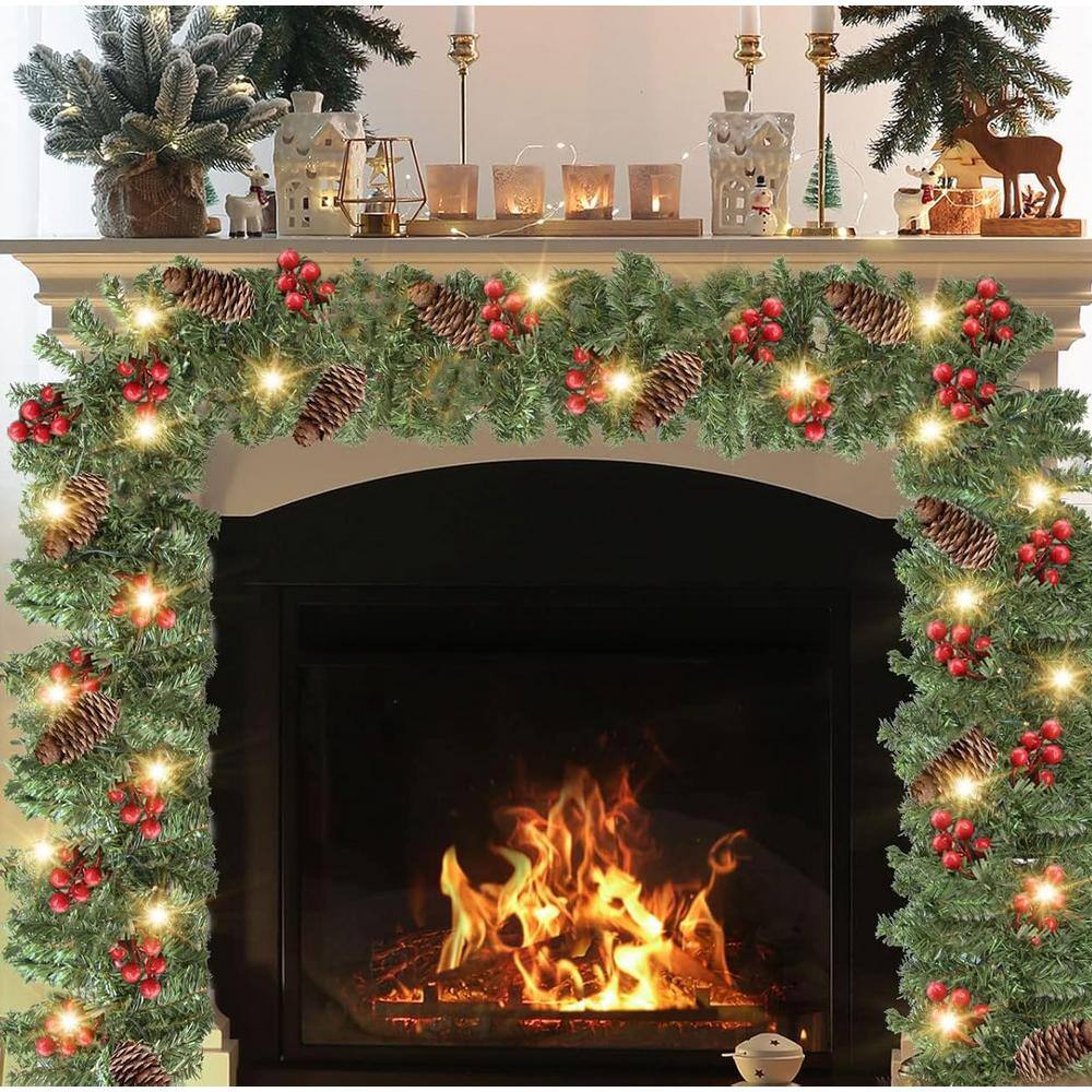 Green Crestwood Spruce 9-Foot Pre-Lit Artificial Christmas Garland with Berries and Pine Cones