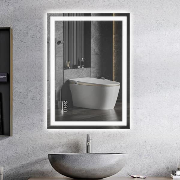 FUNKOL 24 in. W x 32 in. H Silver Rectangular Frameless Wall Bathroom Vanity Mirror in Glass with Headlight and Backlit LED