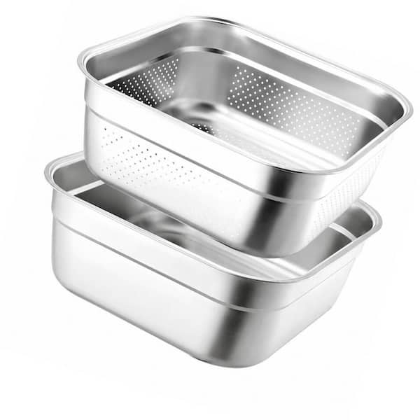 2-in-1 Large Capacity Square Washing Up Bowl, Rustproof Stainless Steel, Stackable Multi-use Colander (Set of 1)