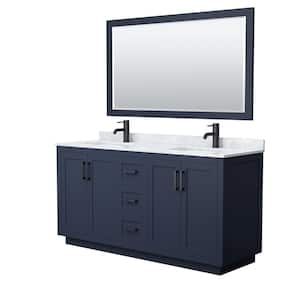 Miranda 66 in. W x 22 in. D x 33.75 in. H Double Sink Bath Vanity in Dark Blue with White Carrara Marble Top and Mirror