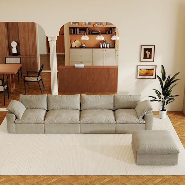 Modular 5-Piece Khaki Linen Plush Down Filled Living Room Set Sofa with Ottoman and Washable Covers for Apartment