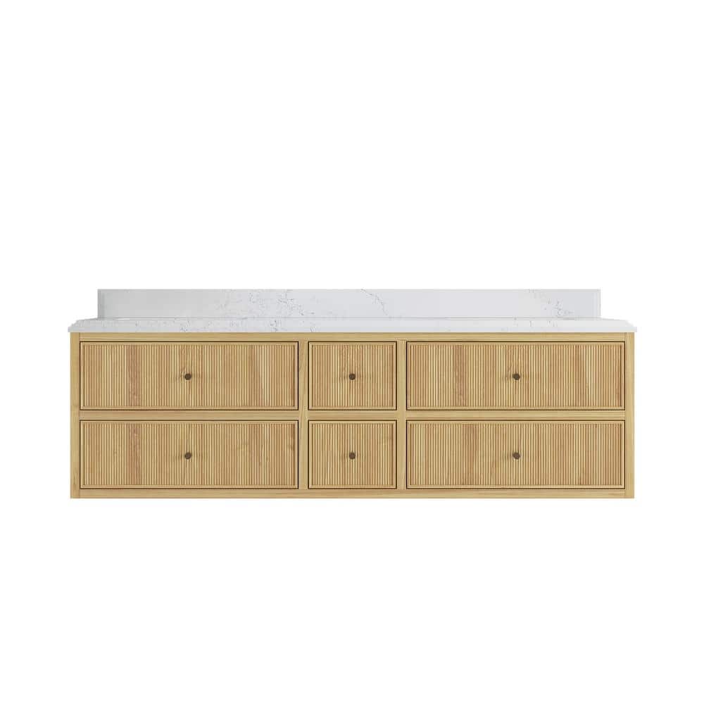 Light Natural Teak Double Sink Freestanding Vanity with Quartz Top