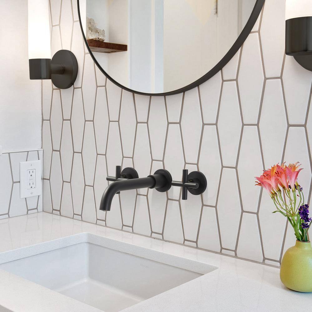 Matte Black Wall Mounted Double Handle Bathroom Faucet