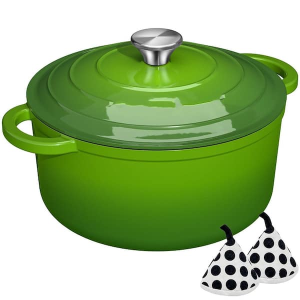 5 qt. Round Enameled Cast Iron Dutch Oven in Green with Lid and Cotton Potholders, Heavy-Duty Cookware for Baking