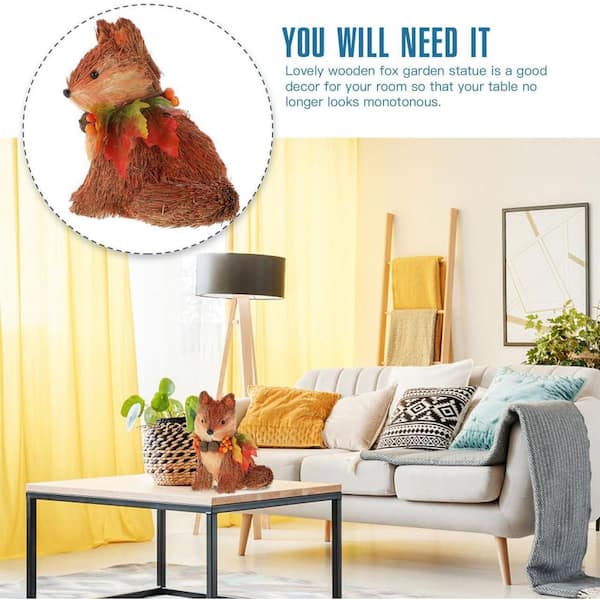 Straw Fox Figurine: Woodland Sculpture w/ Berry Maple Wreath