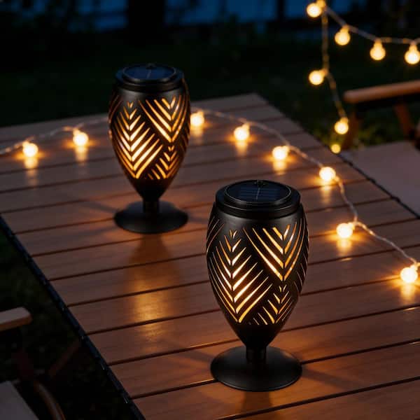 8.75 in. H Black Metal Cutout Geometric Pattern Solar Powered Outdoor Lantern with LED Light (Set of 2)