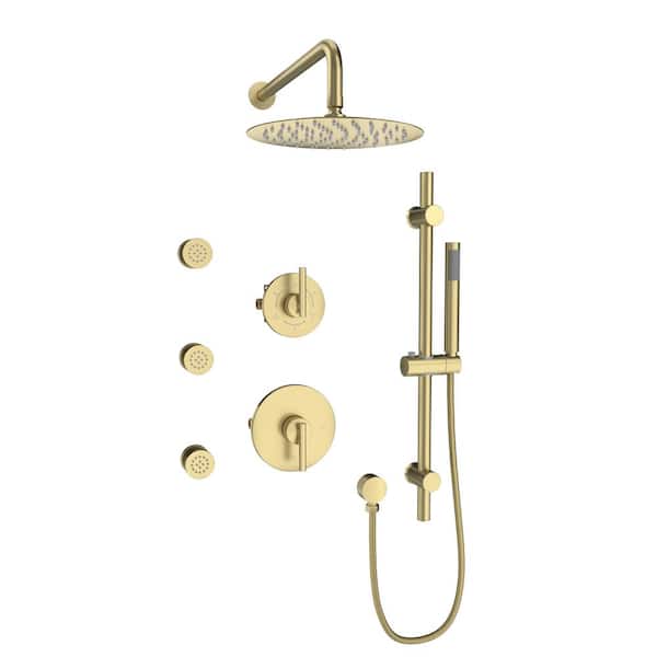 3-Spray Pressure Balanced 10 in. Wall Mount Fixed and Handheld Dual Shower Head 2.5 GPM with 4-Body Jets in Brushed Gold