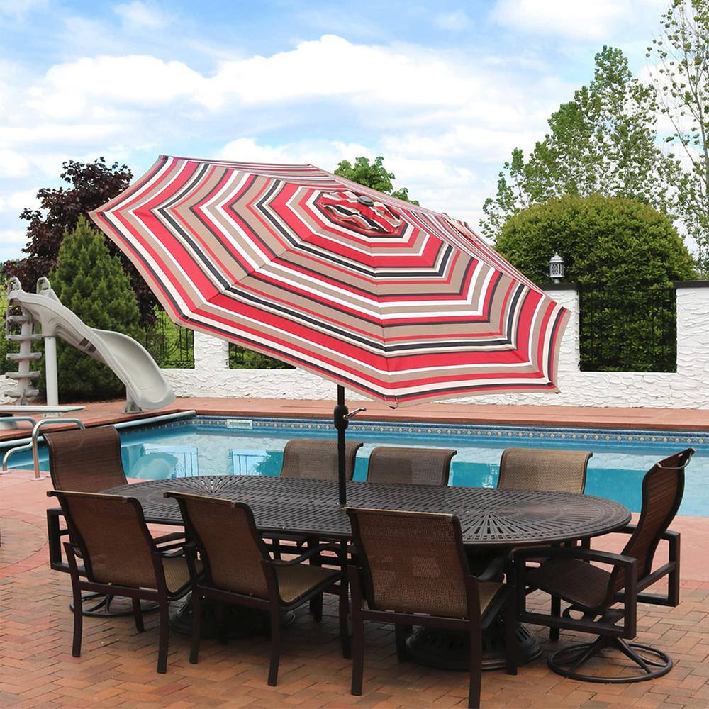 9' Awning Stripe Aluminum Market Umbrella with Solar LED Lights