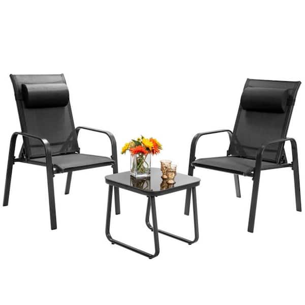 Clihome 3-Piece Black Metal Stackable Bistro Patio Conversation Set with Adjustable Backrest and Tempered Glass Table