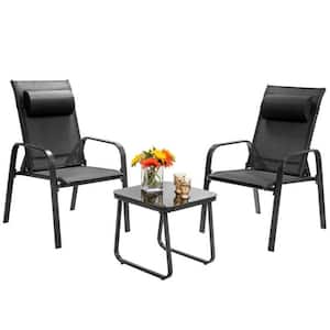 3-Piece Black Metal Stackable Bistro Patio Conversation Set with Adjustable Backrest and Tempered Glass Table