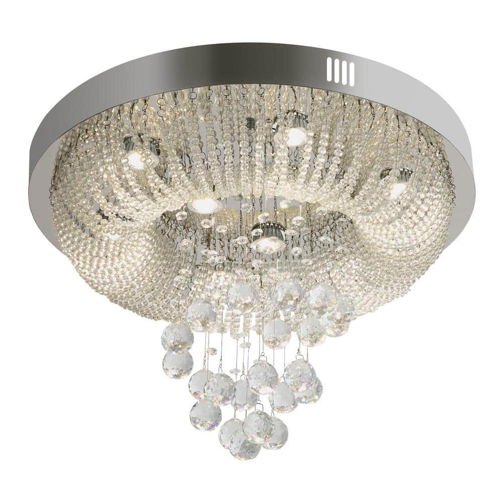 OUKANING 23.62 in. 9-Light Silver Modern Crystal Ceiling-Light