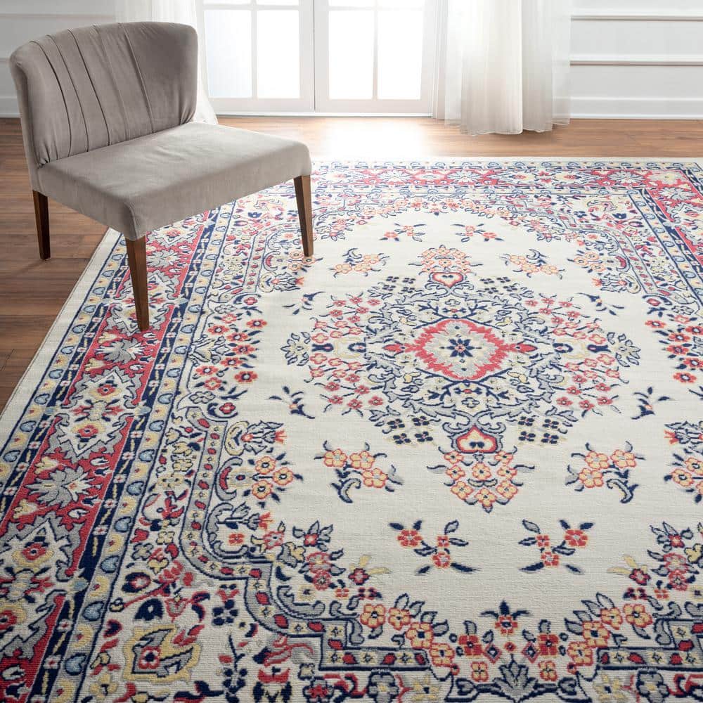 Ivory and Red Synthetic Traditional Medallion Area Rug