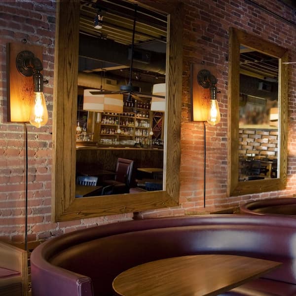 4.7 in. 2 Lights Plug in Black Wall Sconces with Shade and Switch, Industrial Wood Base Wall Lamp, not included bulb