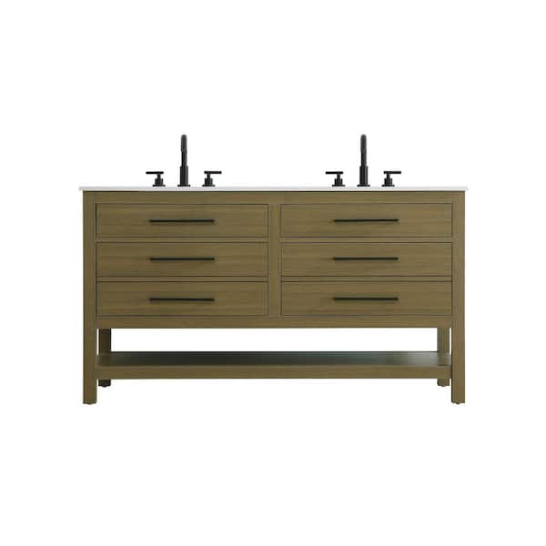 60 in. Double Sink Chestnut Brown Bath Vanity with White Engineered Marble Top
