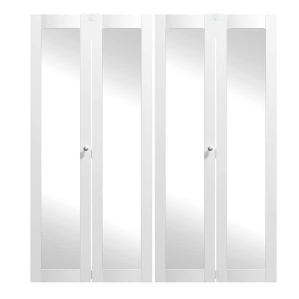 72 in. x 80 in. Full Lite Mirrored Glass Solid Core White PVC Covering MDF Bi-fold Door with Locks and Handles