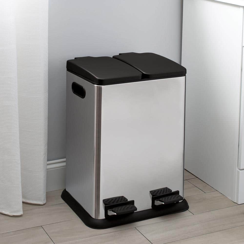 Silver Stainless Steel Dual Compartment Pedal Kitchen Recycling Bin