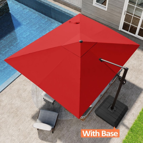 Pellebant 10.5 ft. x 9 ft. Aluminum Offset 360° Rotation Crank Tilt Cantilever Patio Umbrella in Red, Fillable Base Included