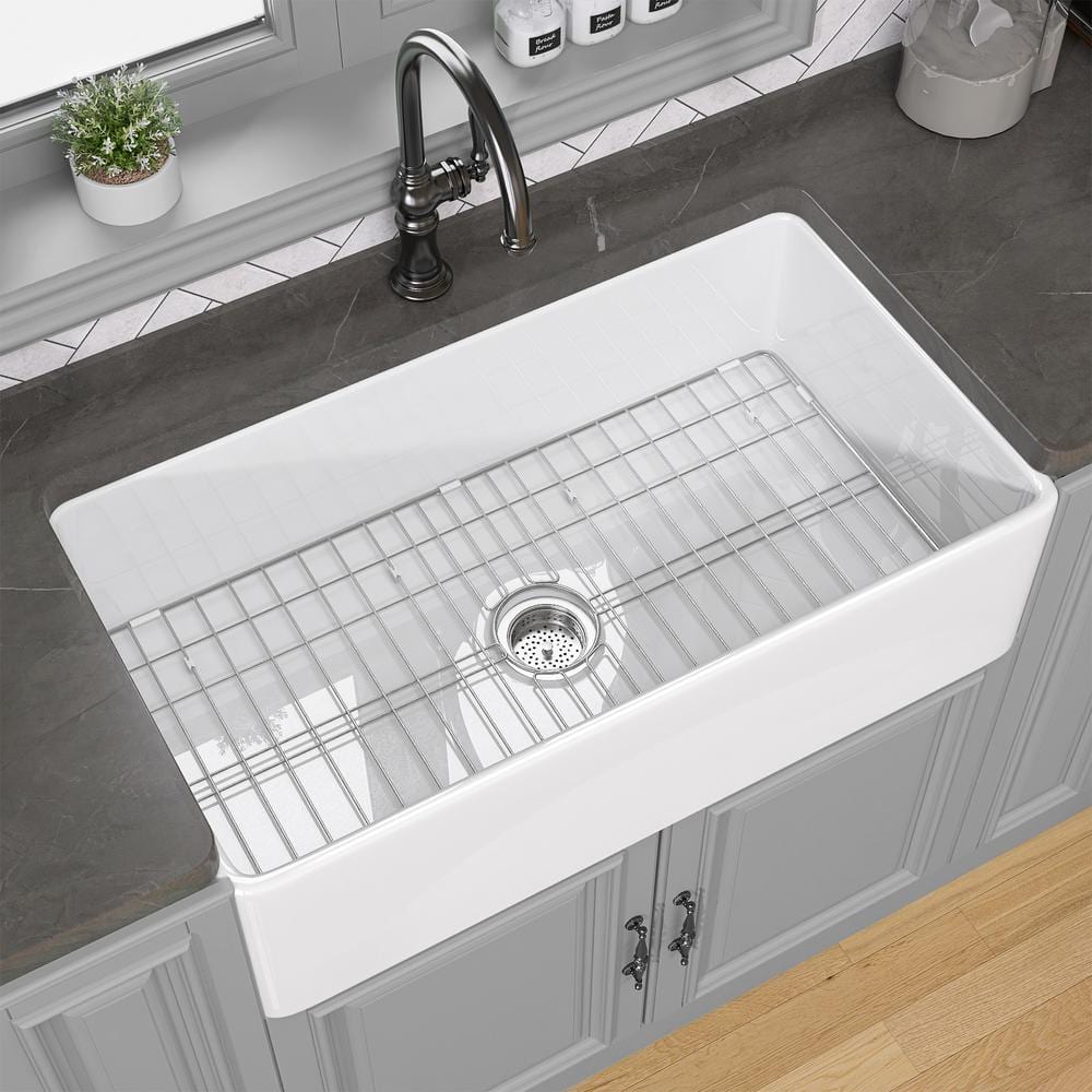 White Fireclay Single Bowl Farmhouse Kitchen Sink with Grid