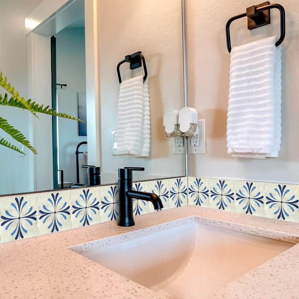 Antique White and Blue Vinyl Peel and Stick Mosaic Tile Set