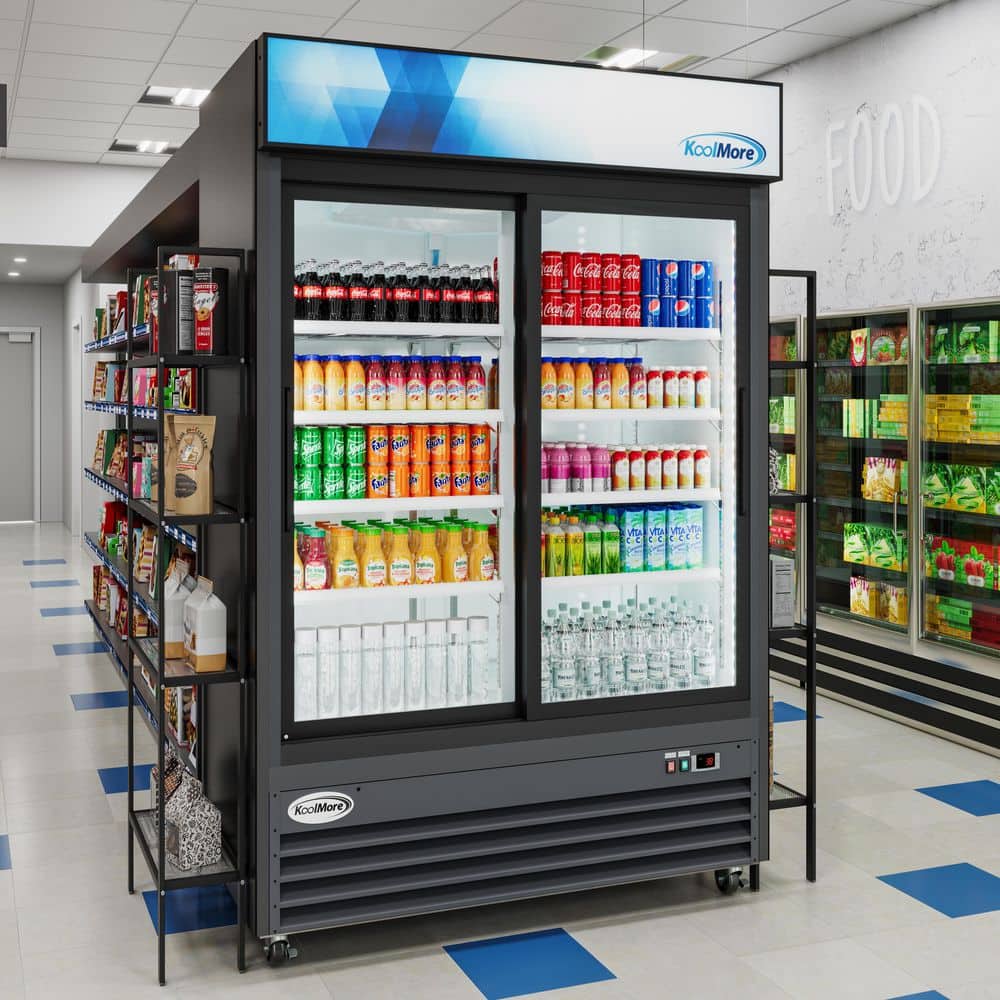 Black Double Door Glass Merchandiser Refrigerator with Wire Shelves