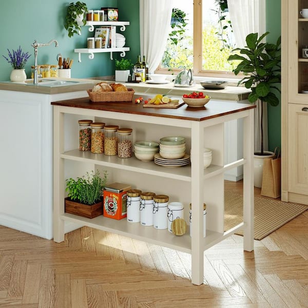 Rustic Walnut and Black Rubber Wood 45 in. Stationary Kitchen Cart Butcher Block Dining Prep Table with 2-Open Shelves