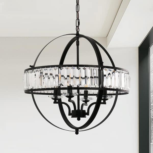 4-Light Matte Black Dimmable Crystal Globe Chandelier for Bedroom Dining Room Foyer with No Bulbs Included