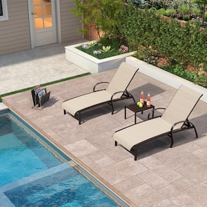 3-Pieces Aluminum Outdoor Chaise Lounge Patio Lounge Chair with Side Table and Wheels