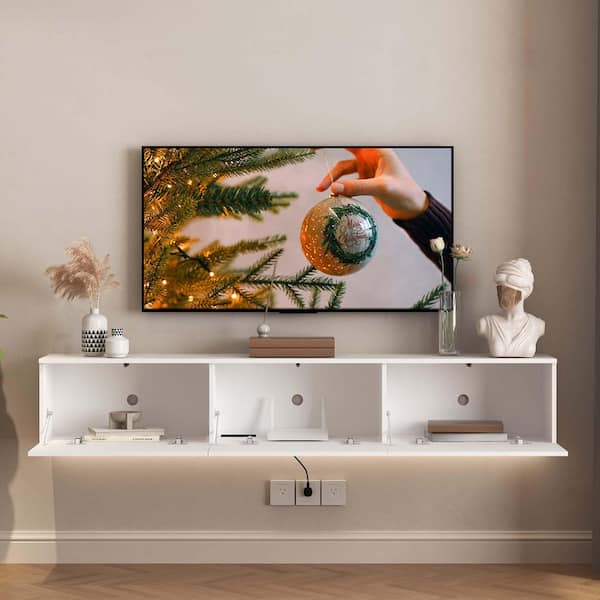 68.80 in. W x 11.80 in. D White Wood Modern Floating Decorative Wall Shelf with Led