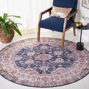 Tucson Navy/Beige 6 ft. x 6 ft. Machine Washable Floral Border Distressed Geometric Round Area Rug