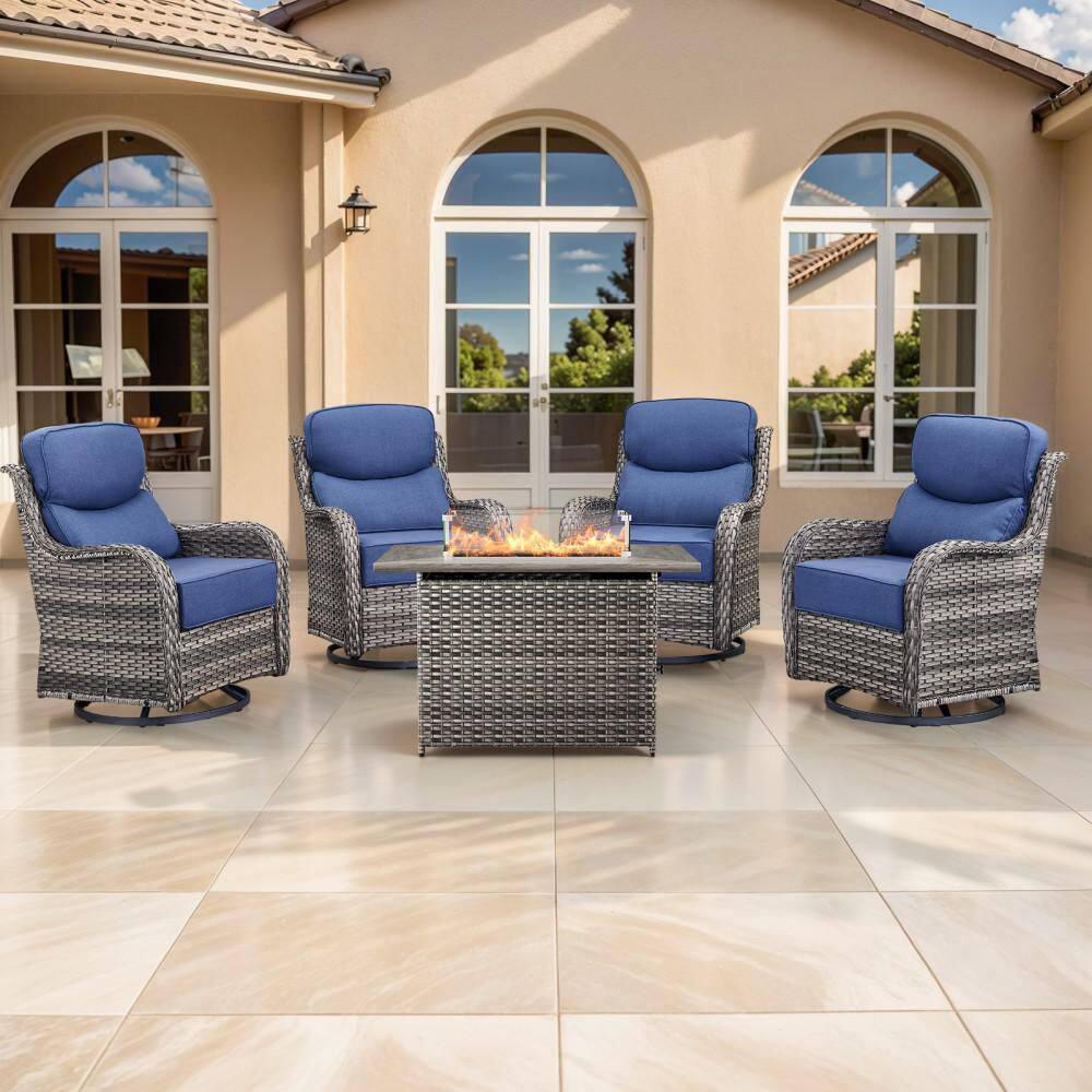 NovaSwivel 5-Piece Gray Wicker Patio Conversation Set Outdoor Fire Pit with 6 in. Blue Cushions and Swivel Gliders price history on PriceWatchPro