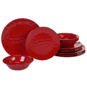 12-Piece Casual Red Melamine Outdoor Dinnerware Set (Service for 4)
