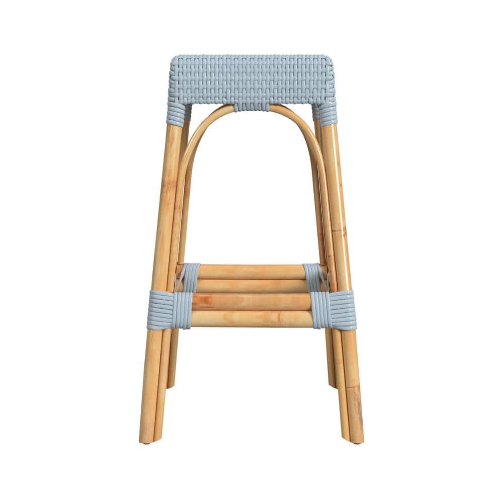 Baby Blue Rattan Backless Bar Stool with Natural Wood Frame