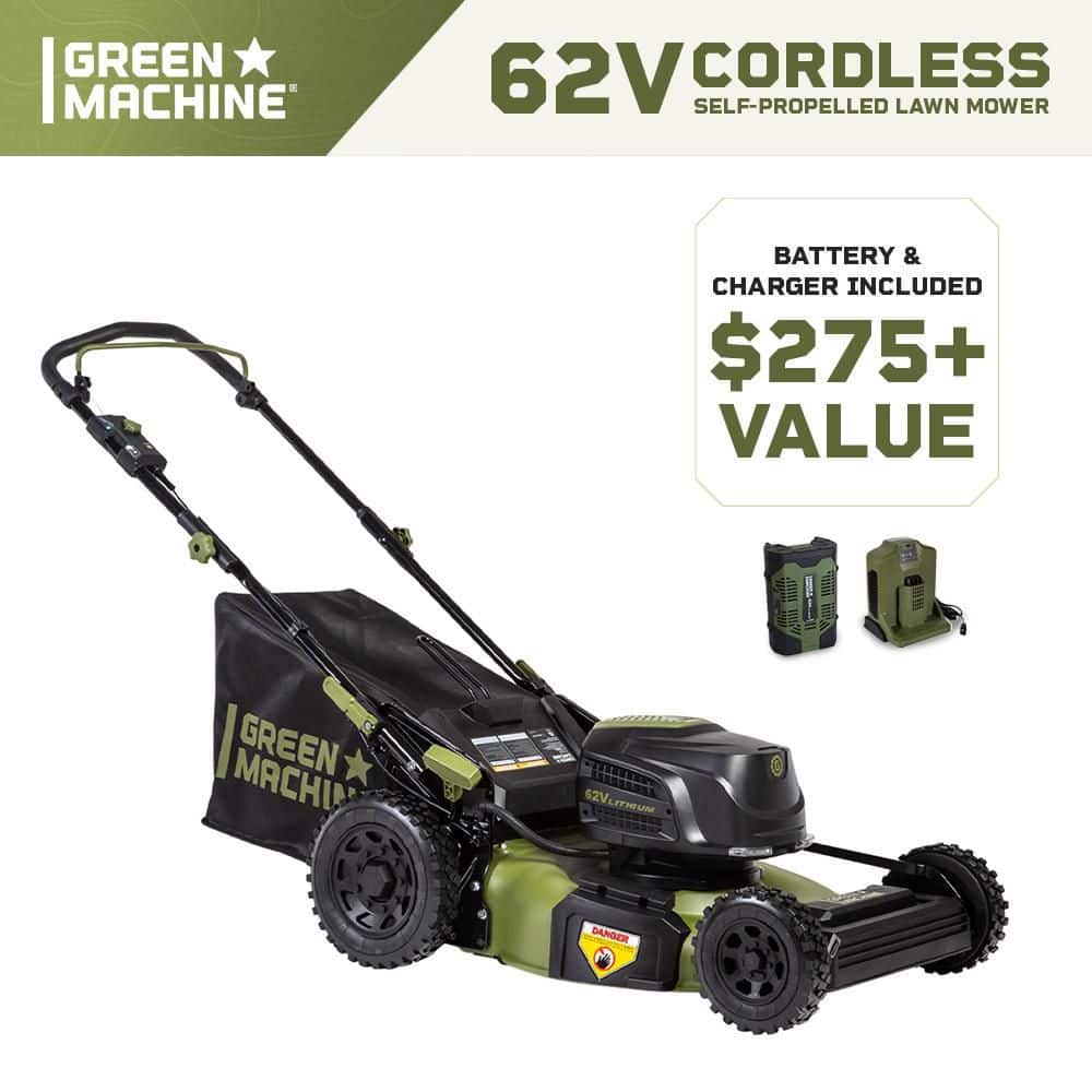 Green Machine 62V Cordless 3-in-1 High Wheel Push Walk Behind Mower, Brushless 22 In. Cutting Width with 4Ah Battery and Rapid Charger