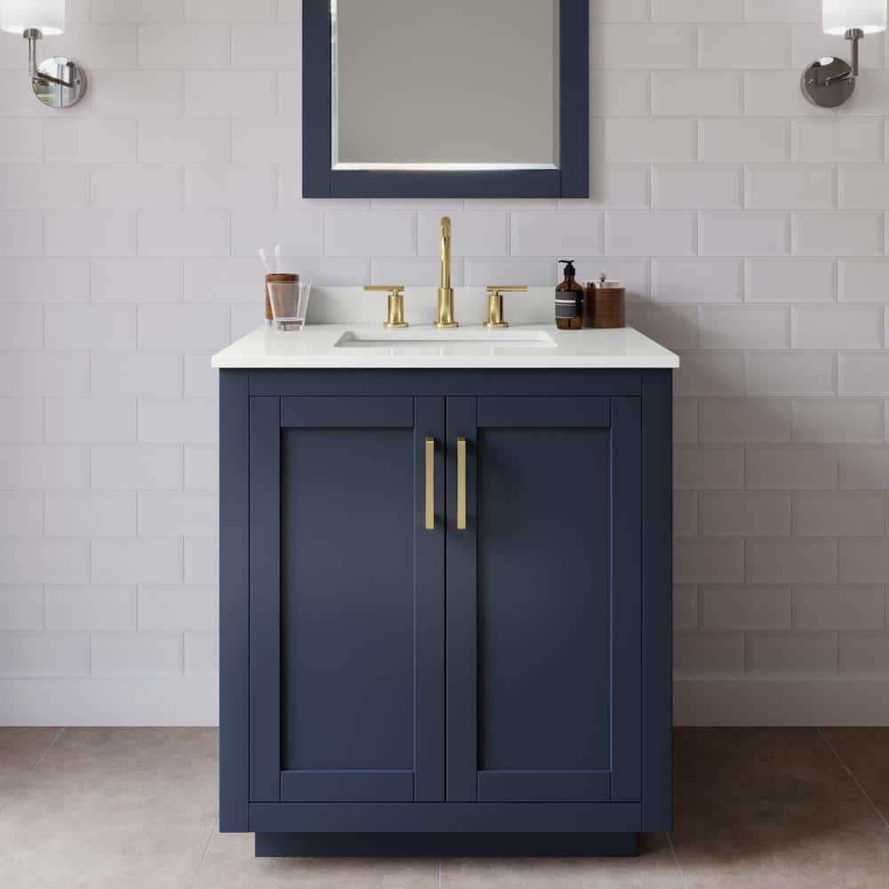 Miranda 30 in. W x 22 in. D x 33.75 in. H Single Bath Vanity in Dark Blue with White Quartz Top and 24 in. Mirror price history on PriceWatchPro