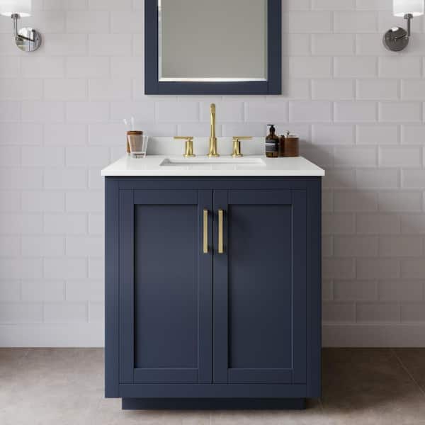 Wyndham Collection Miranda 30 in. W x 22 in. D x 33.75 in. H Single Bath Vanity in Dark Blue with White Quartz Top and 24 in. Mirror