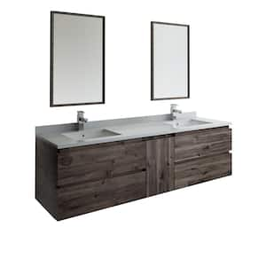 Formosa 72 in. Modern Double Wall Hung Vanity in Warm Gray with Quartz Stone Vanity Top in White w/ White Basins, Mirror