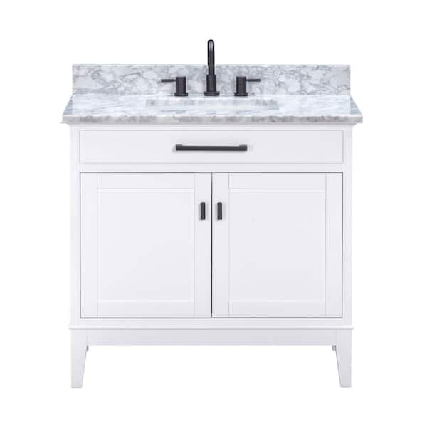 Madison 37 in. Single Sink White Bath Vanity with Carrara White Marble Top