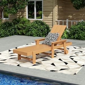 Shoreside Teak Fade Resistant All Weather HDPE Plastic Outdoor Adjustable Backrest Chaise Lounge Arm Chair with Wheels