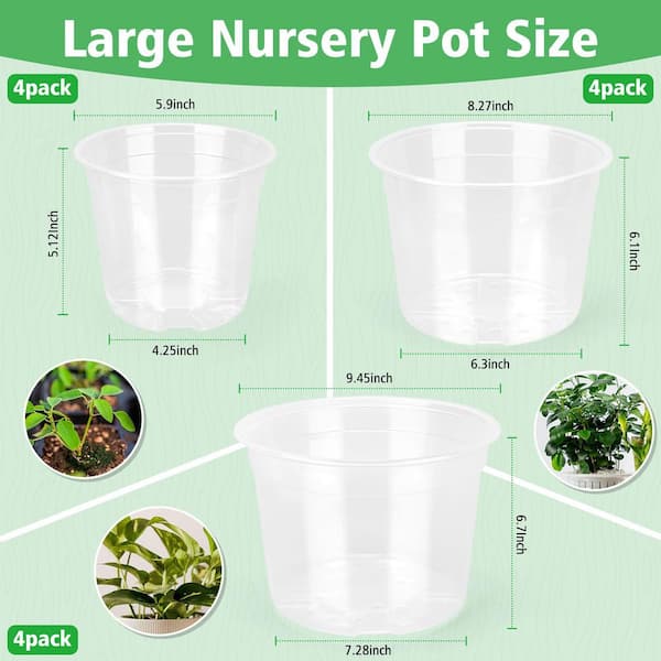 OGETFUUR 6/8/10 in. Large Clear Nursery Pots with Drainage, 12-Pack Plastic Pots for Plants, Ideal Seedling Pots and Plant Pots