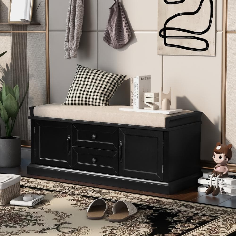 17.5 in. H x 42.5 in. W Black Wood Shoe Storage Bench with Cushion