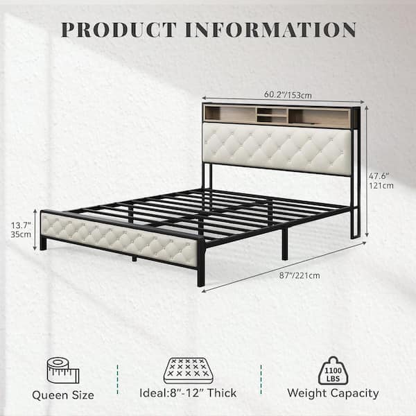 Beige Iron Frame Queen Size Upholstered Platform Bed with Charging Station, Storage Headboard & Footboard