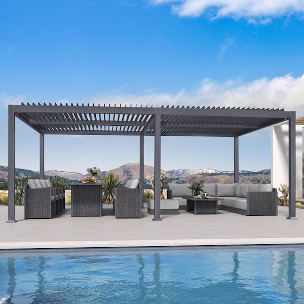 13.1 ft. x 19.8 ft. Gray Aluminum Outdoor Louvered Pergola with 4-Individual Adjustable Roofs and In-Built Gutter System