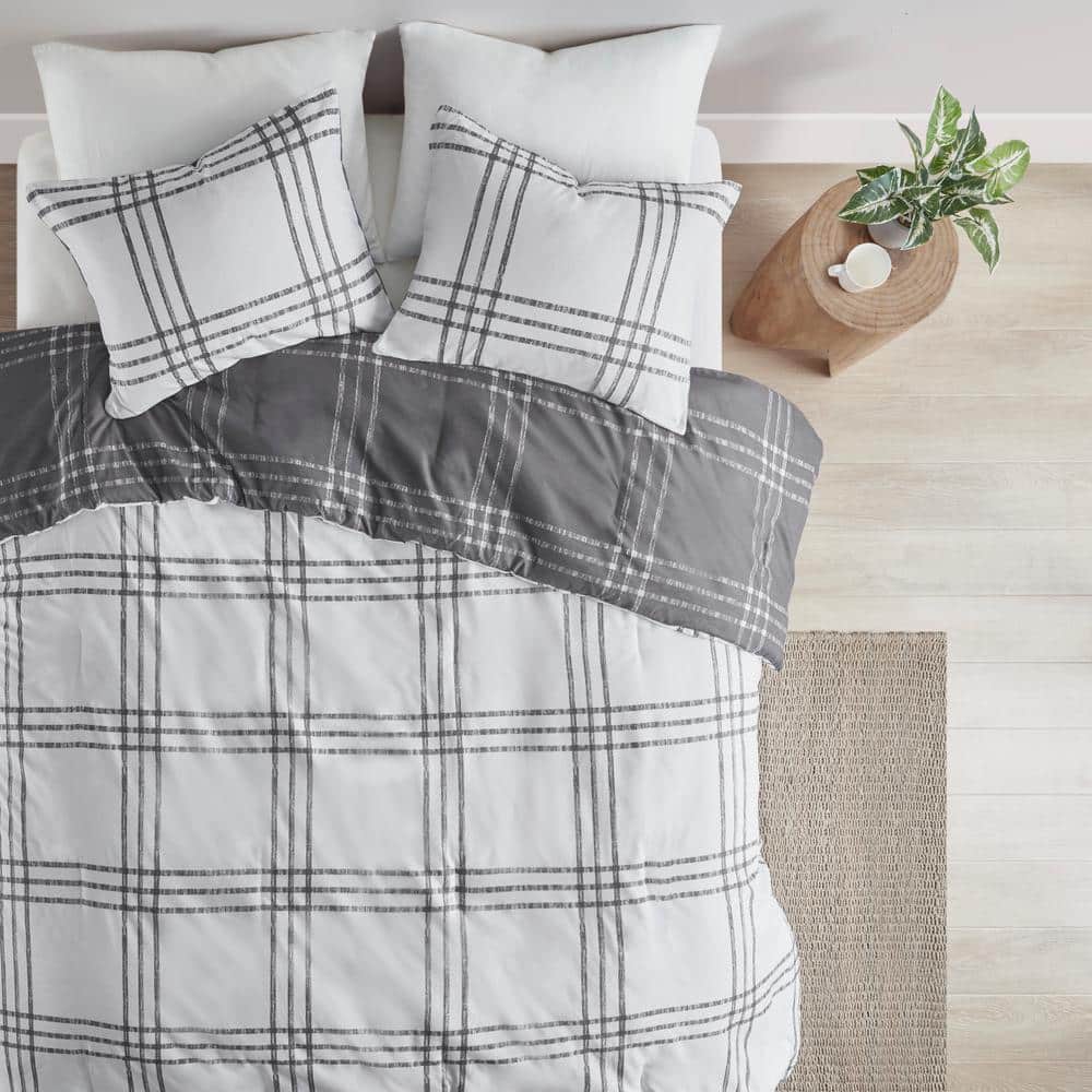 Twin XL White and Gray Microfiber Reversible Comforter Set